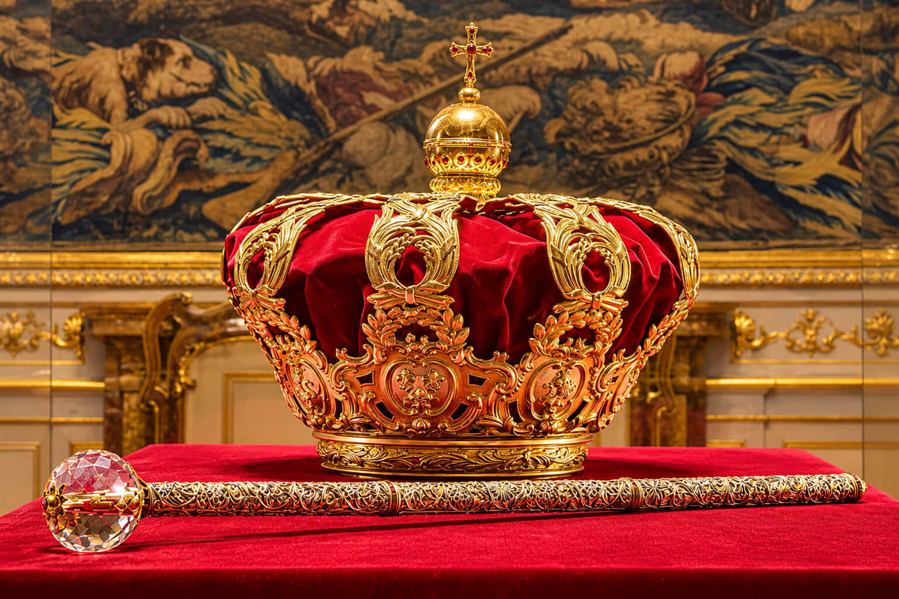 Royal crown and sceptre displayed in the Crown Room of Madrid’s Royal Palace